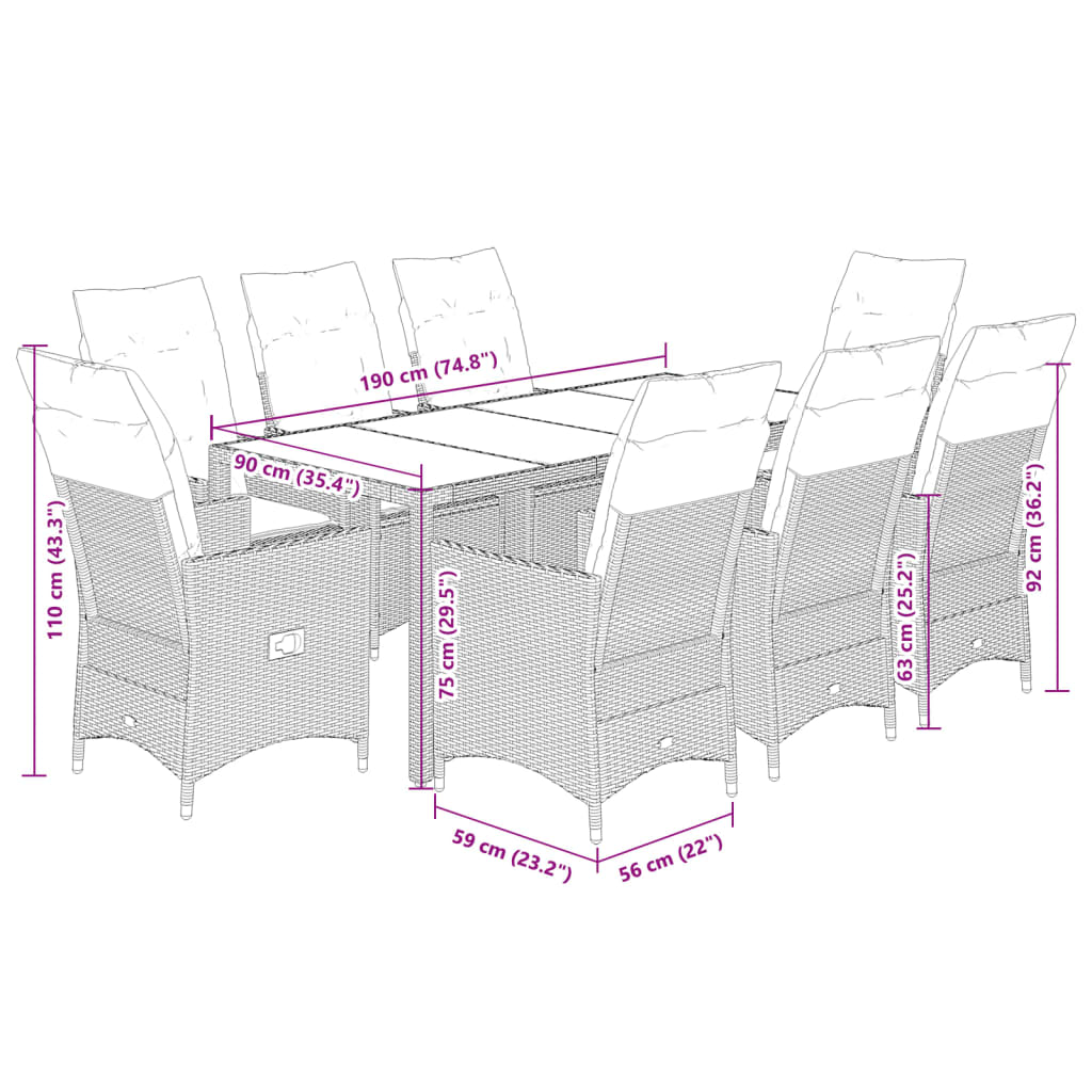 vidaXL Set mobilier grădină cu perne, 9 piese, gri, poliratan