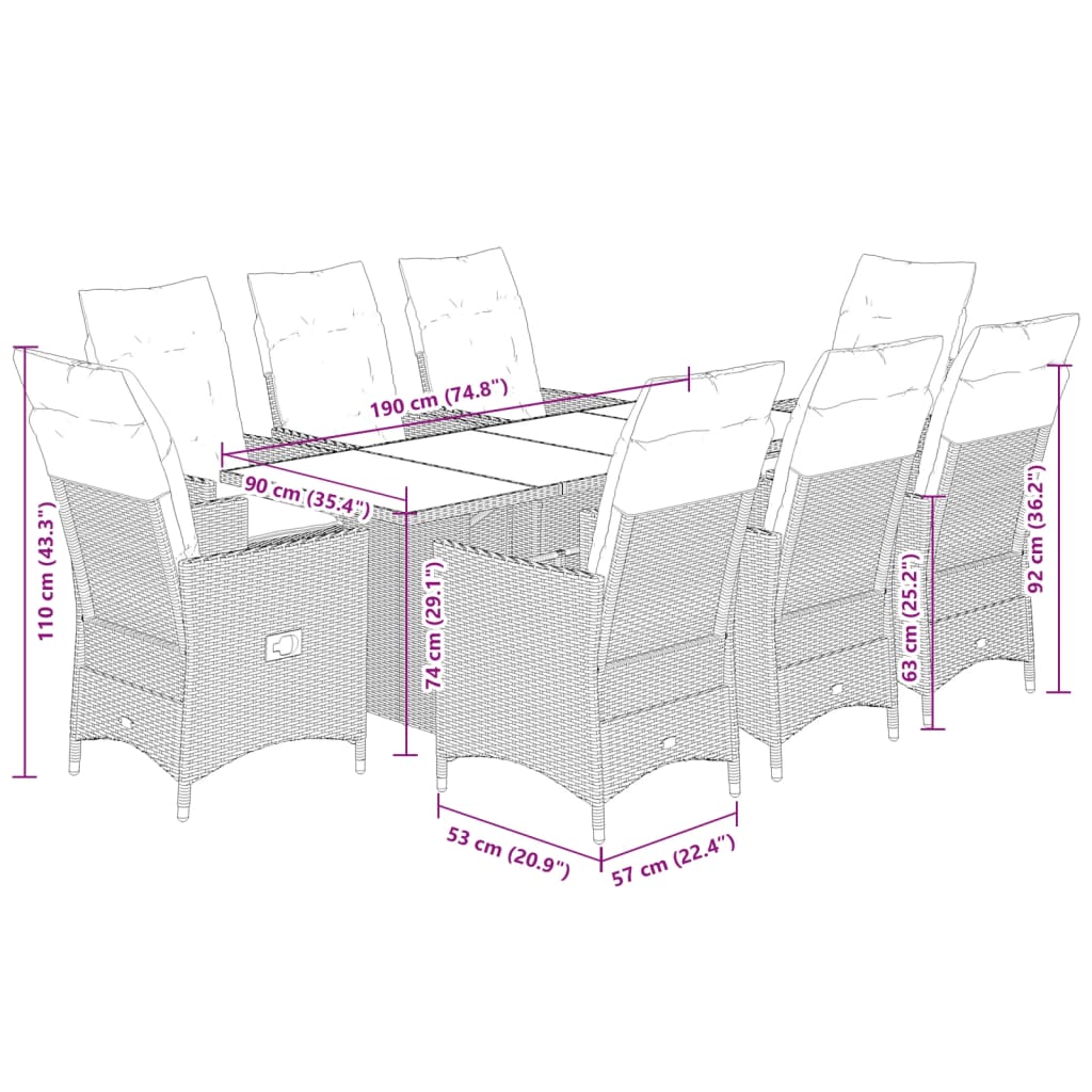 vidaXL Set mobilier grădină cu perne, 9 piese, gri, poliratan