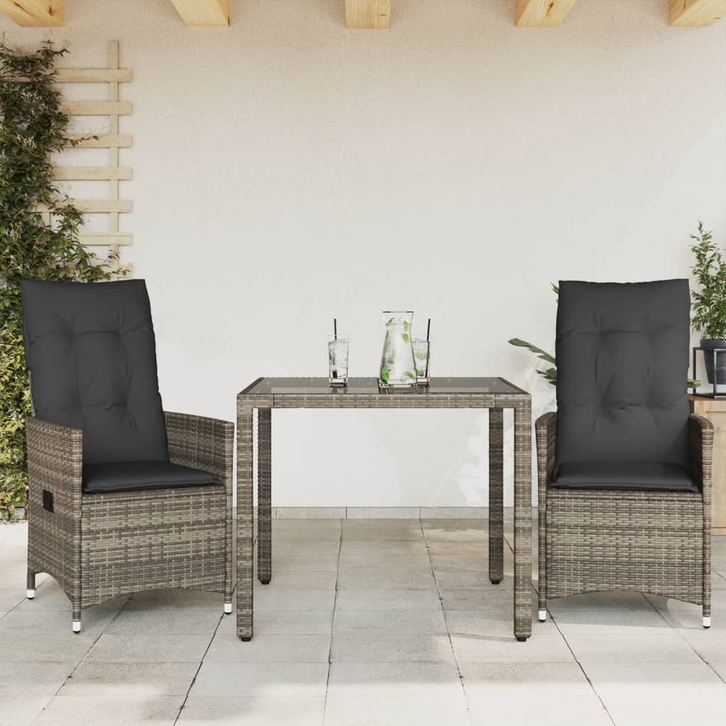 vidaXL Set bistro de grădină cu perne, 3 piese, gri, poliratan vidaXL Set bistro de grădină cu perne, 3 piese, gri, poliratan