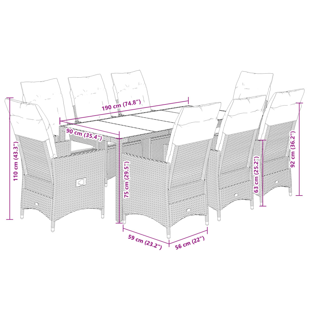 vidaXL Set mobilier grădină cu perne, 9 piese, gri, poliratan