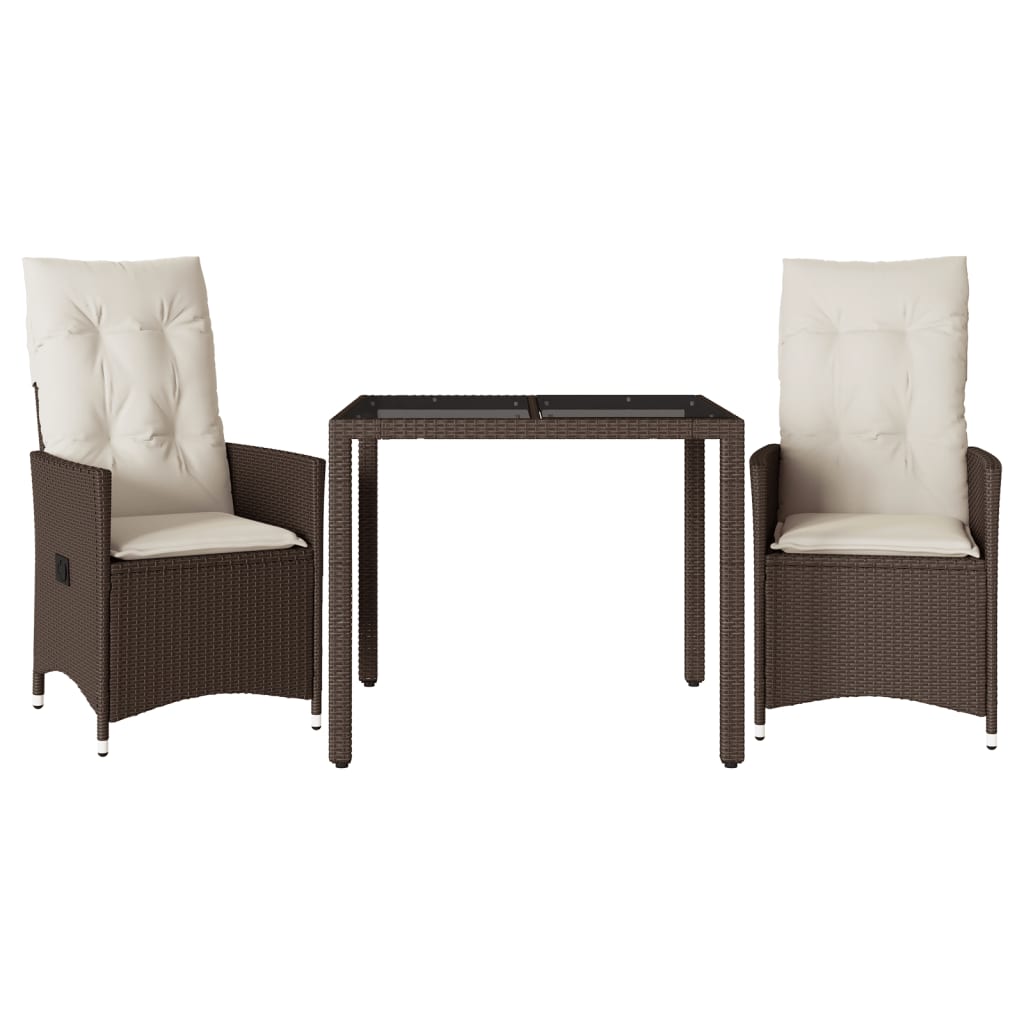 vidaXL Set bistro cu perne, 3 piese, maro, poliratan