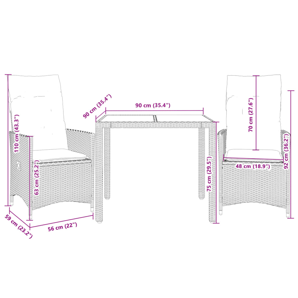 vidaXL Set bistro cu perne, 3 piese, maro, poliratan