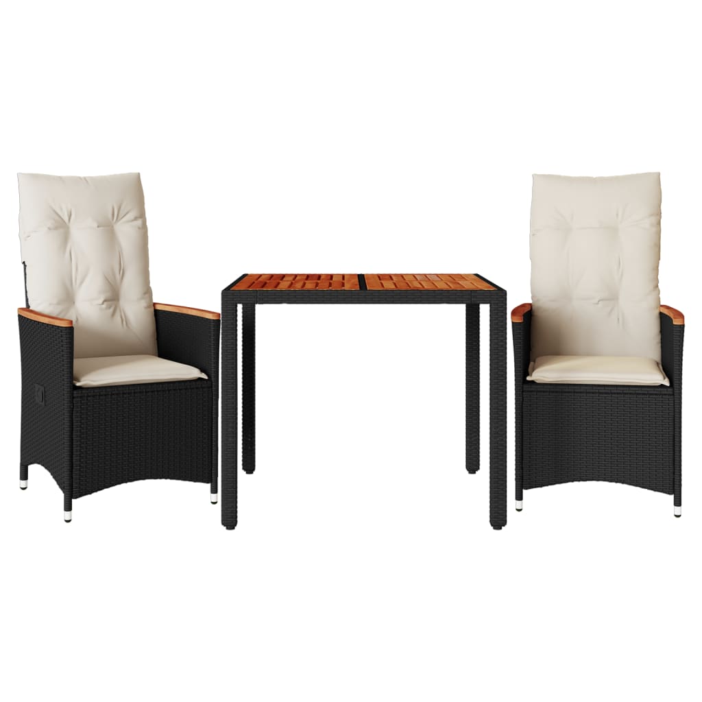 vidaXL Set bistro cu perne, 3 piese, negru, poliratan