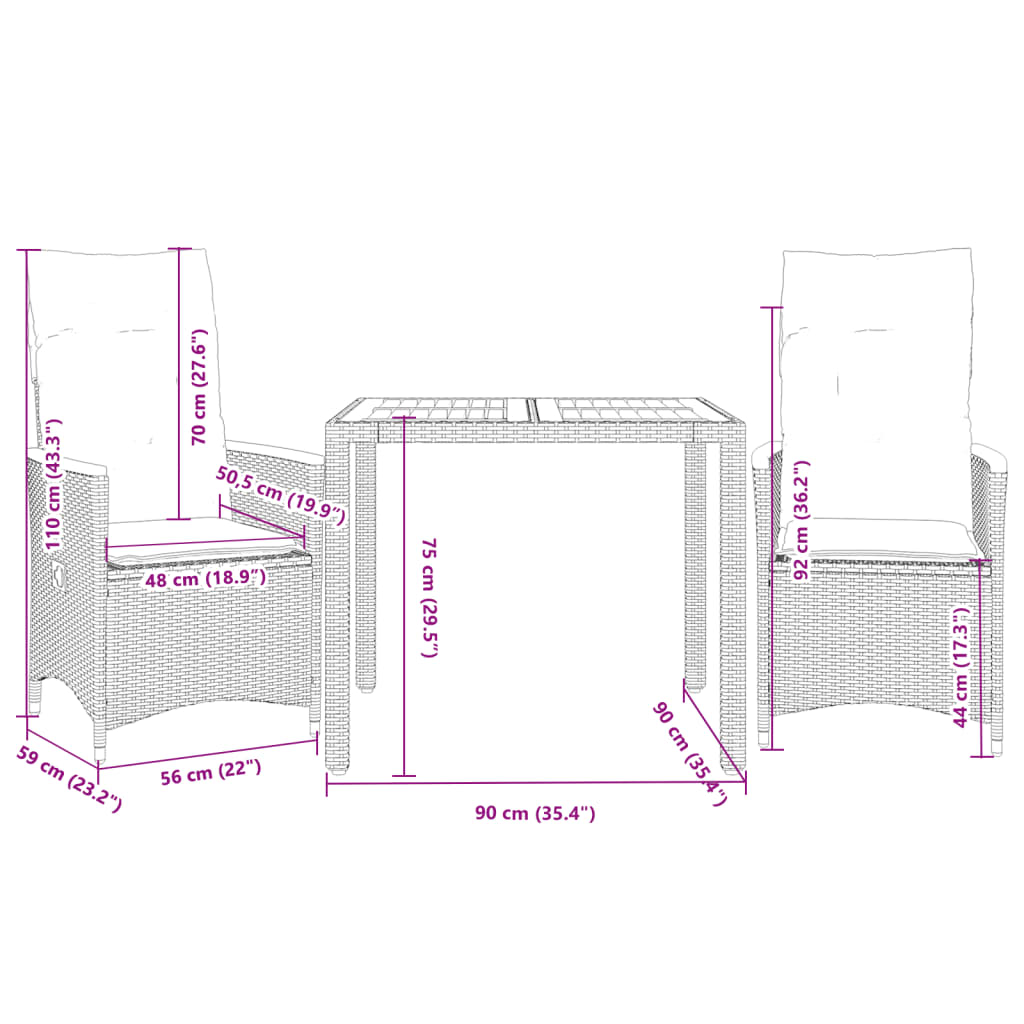 vidaXL Set bistro cu perne, 3 piese, negru, poliratan