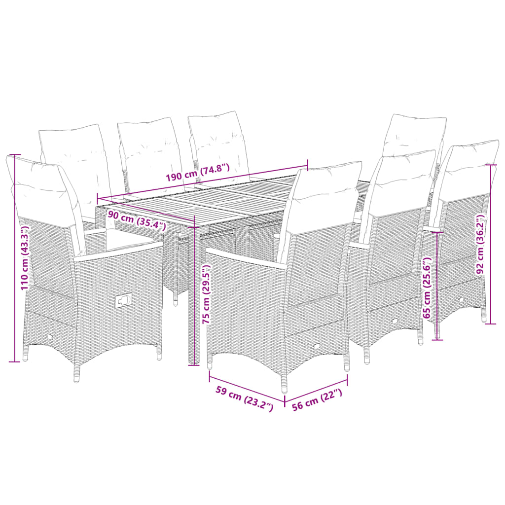 vidaXL Set mobilier grădină cu perne, 9 piese, gri, poliratan