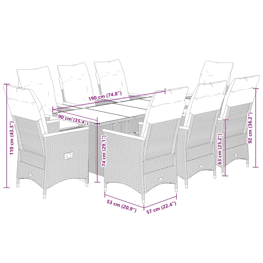 vidaXL Set mobilier grădină cu perne, 9 piese, gri, poliratan
