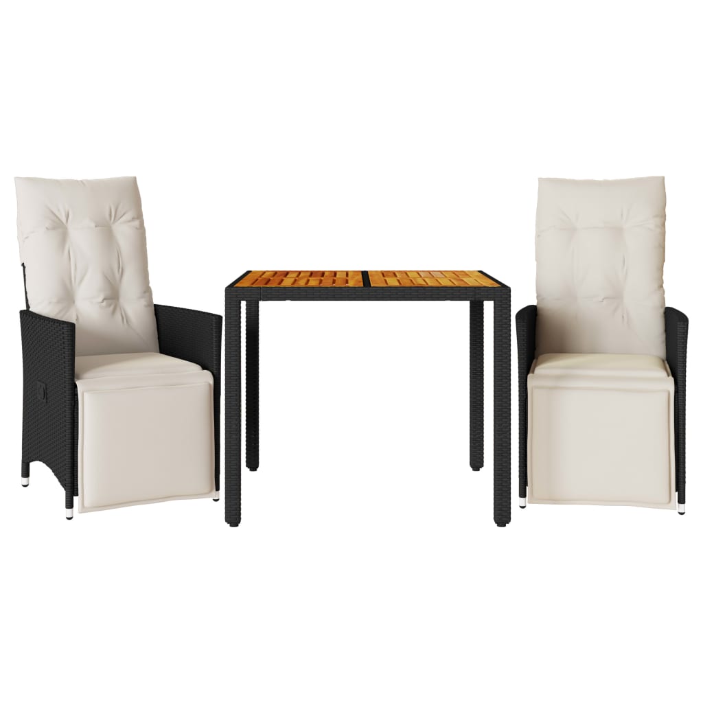 vidaXL Set bistro cu perne, 3 piese, negru, poliratan