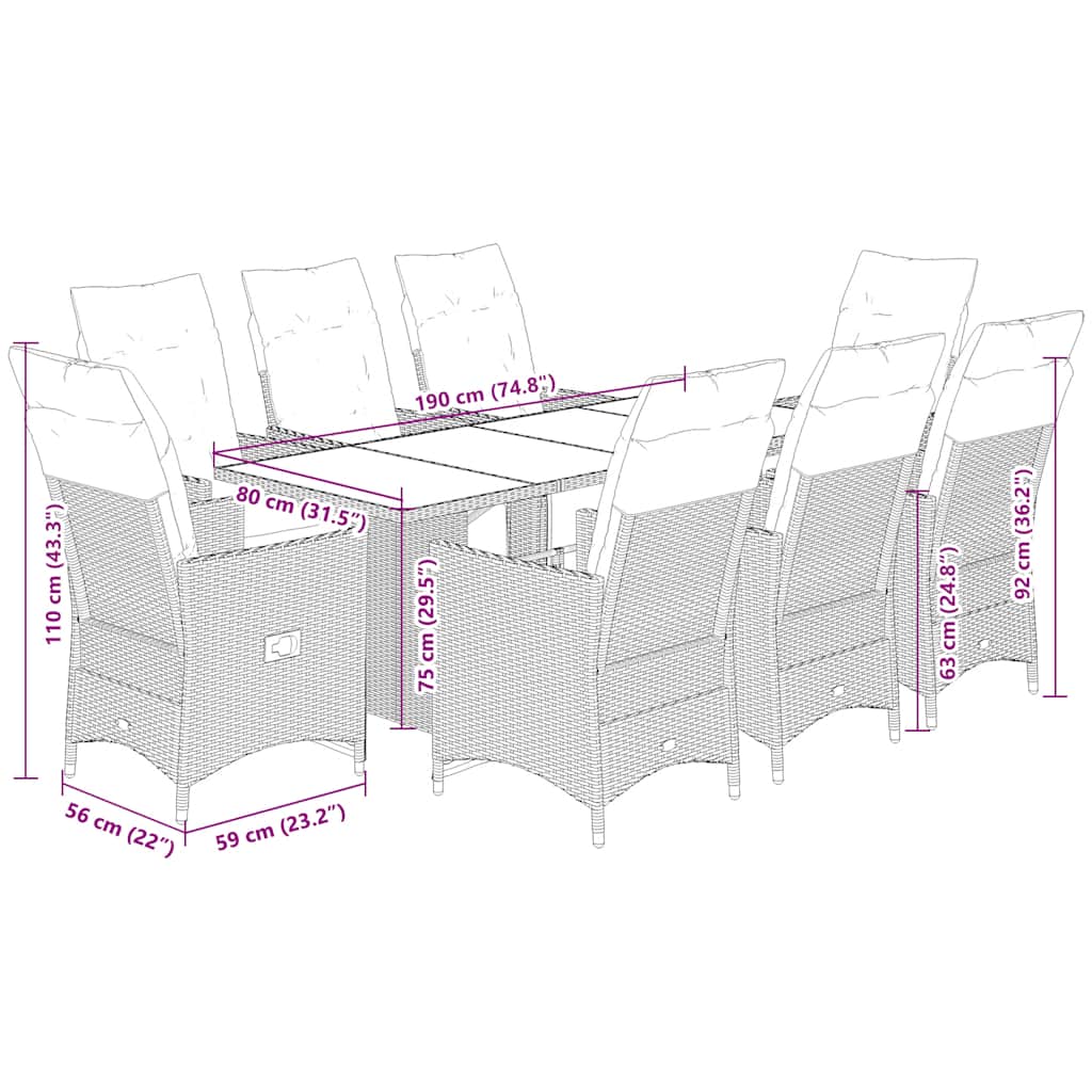 vidaXL Set mobilier de grădină cu perne, 9 piese, negru, poliratan