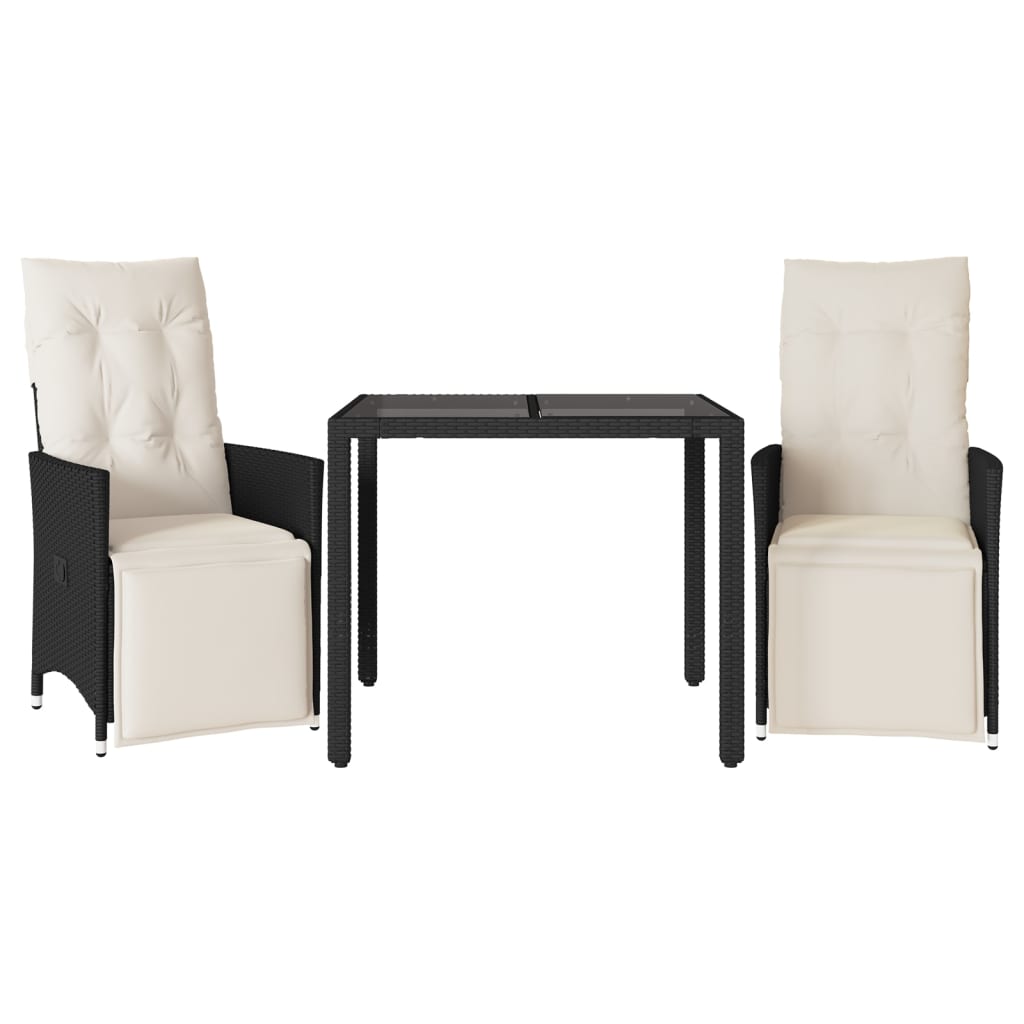 vidaXL Set bistro cu perne, 3 piese, negru, poliratan
