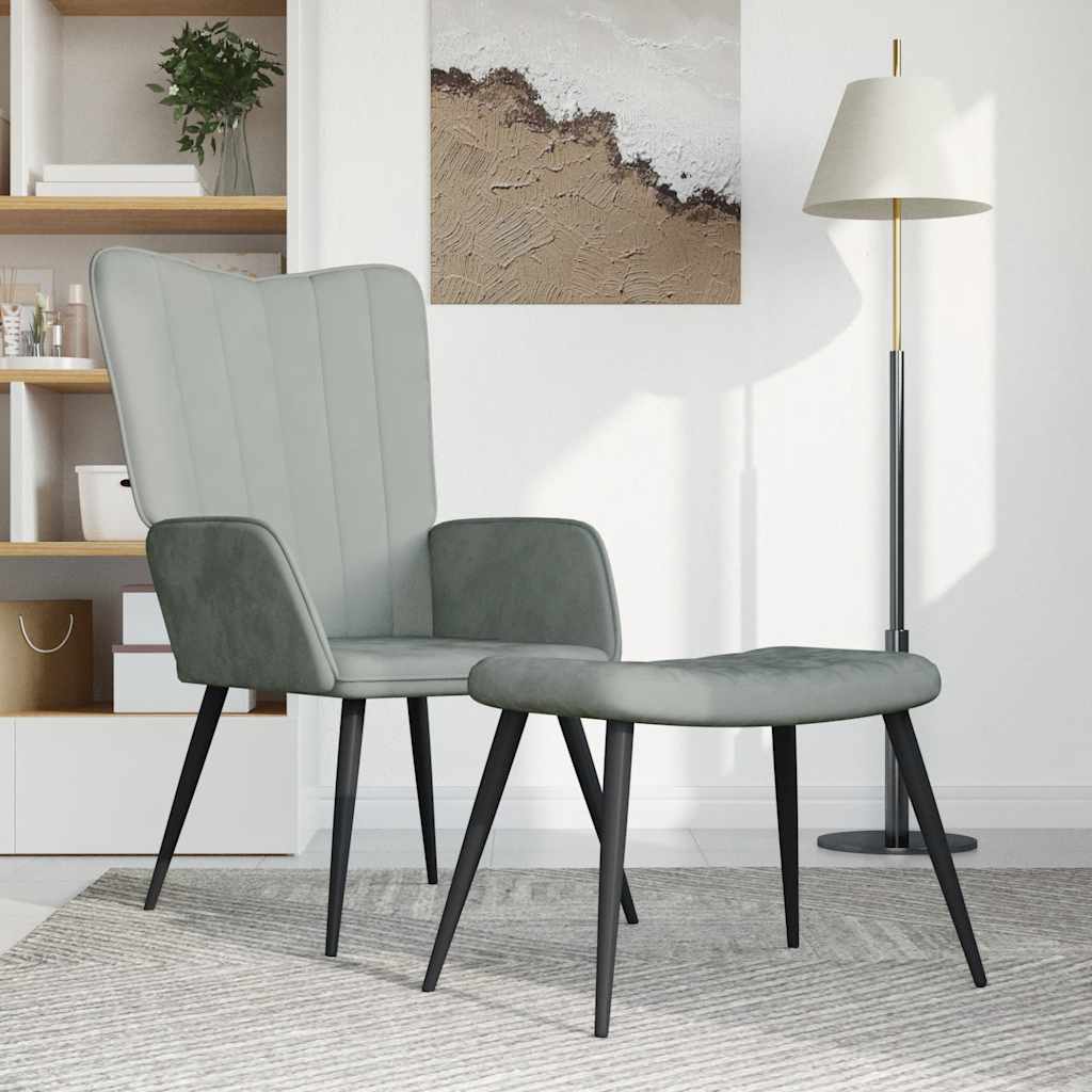vidaXL Scaun de relaxare cu taburet, gri deschis, catifea vidaXL Scaun de relaxare cu taburet, gri deschis, catifea