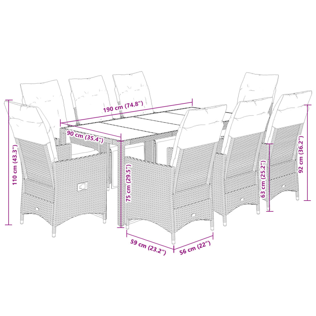 vidaXL Set bistro de grădină cu perne, 9 piese, gri, poliratan vidaXL Set bistro de grădină cu perne, 9 piese, gri, poliratan