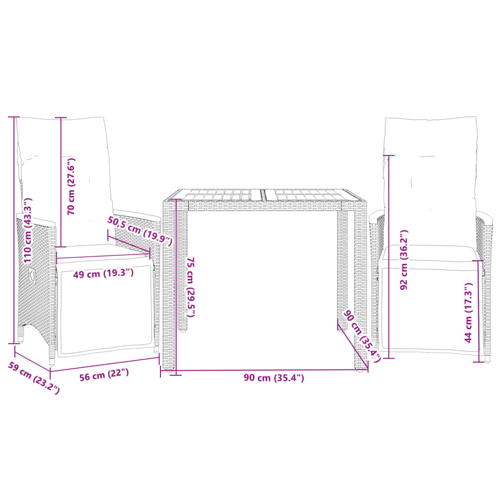 vidaXL Set bistro de grădină cu perne, 3 piese, negru, poliratan vidaXL Set bistro de grădină cu perne, 3 piese, negru, poliratan