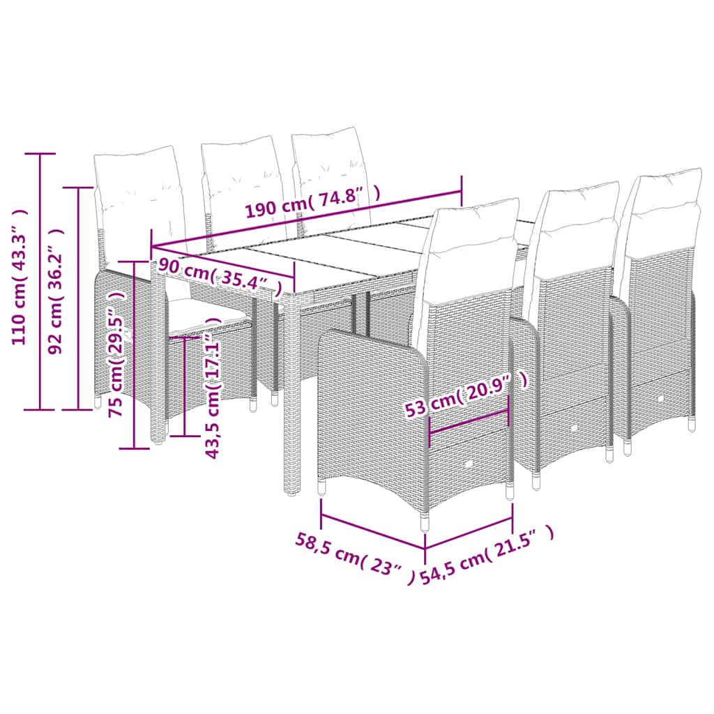 vidaXL Set bistro de grădină, 7 piese, cu perne, negru, poliratan
