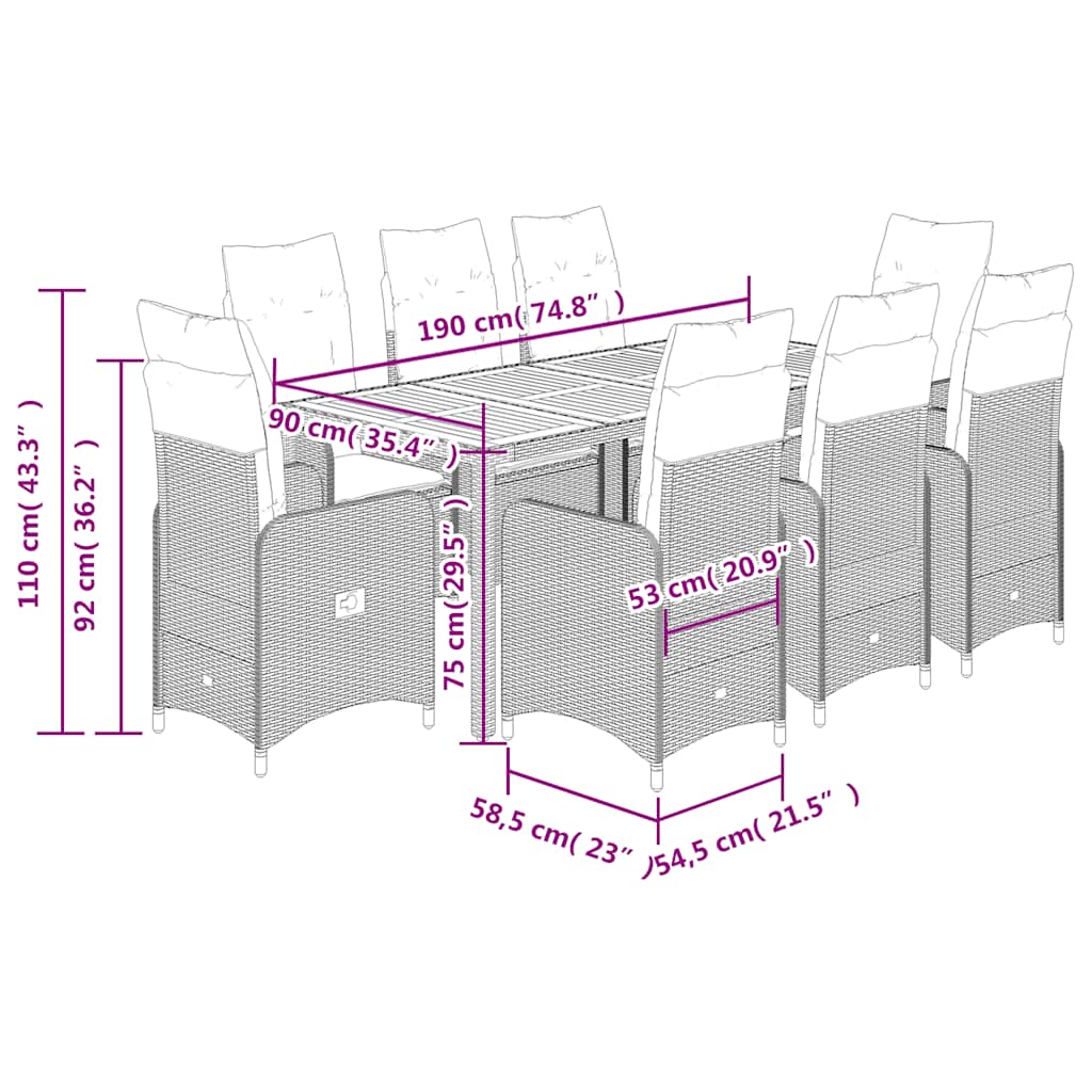 vidaXL Set bistro de grădină cu perne, 9 piese, gri, poliratan vidaXL Set bistro de grădină cu perne, 9 piese, gri, poliratan