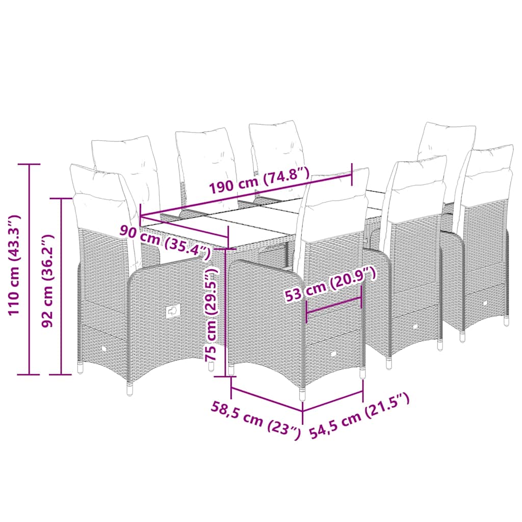 vidaXL Set bistro de grădină, 9 piese, cu perne, bej, poliratan