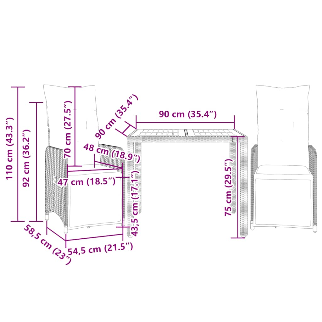 vidaXL Set bistro de grădină cu perne, 3 piese, negru, poliratan vidaXL Set bistro de grădină cu perne, 3 piese, negru, poliratan
