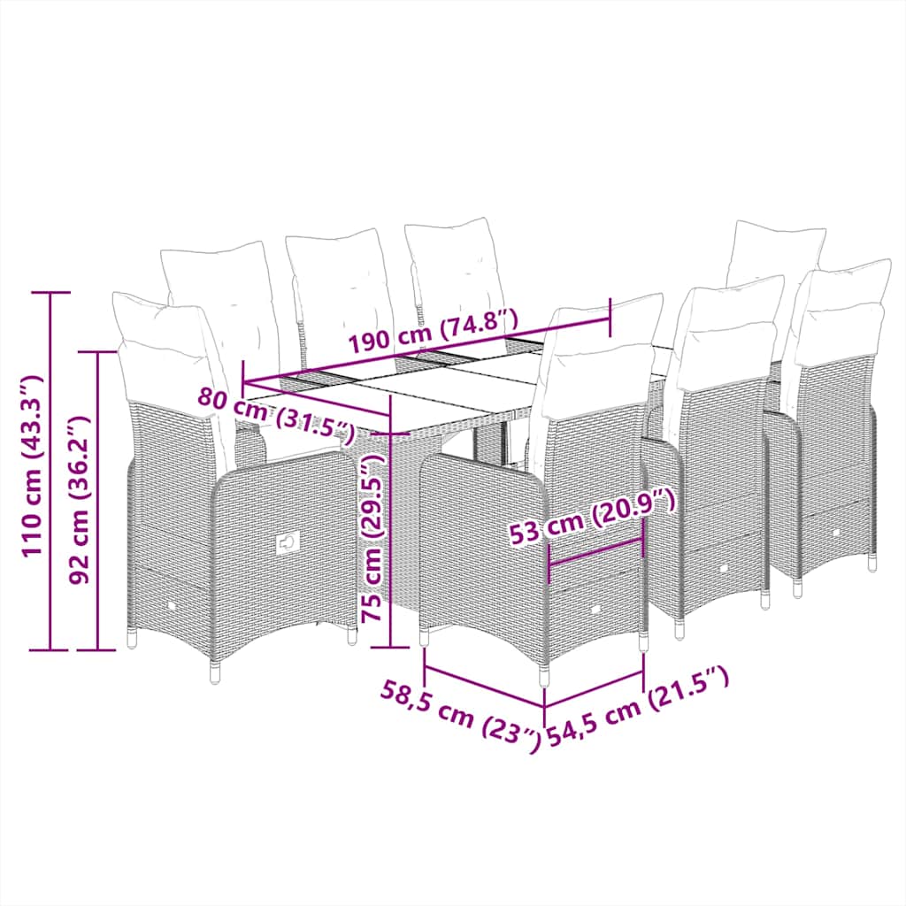 vidaXL Set bistro de grădină, 7 piese, cu perne, negru, poliratan