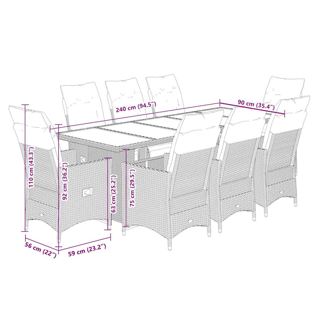 vidaXL Set bistro de grădină cu perne, 9 piese, gri, poliratan vidaXL Set bistro de grădină cu perne, 9 piese, gri, poliratan