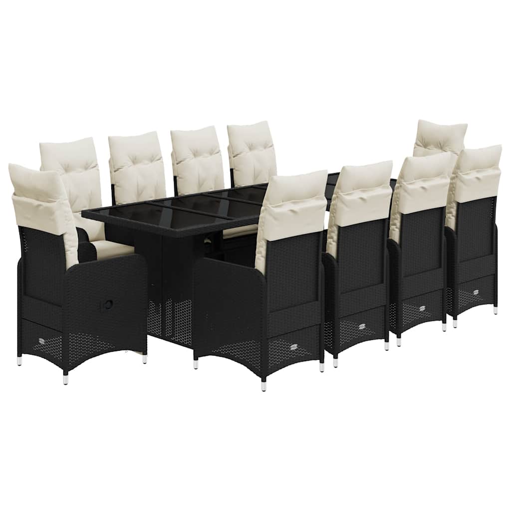 vidaXL Set bistro de grădină, 11 piese, cu perne, negru, poliratan