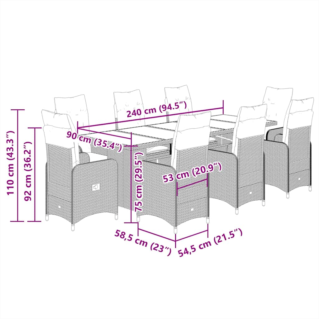 vidaXL Set bistro de grădină, 9 piese, cu perne, bej, poliratan