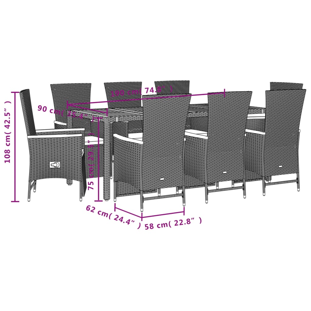 vidaXL Set mobilier de grădină cu perne, 9 piese, negru, poliratan