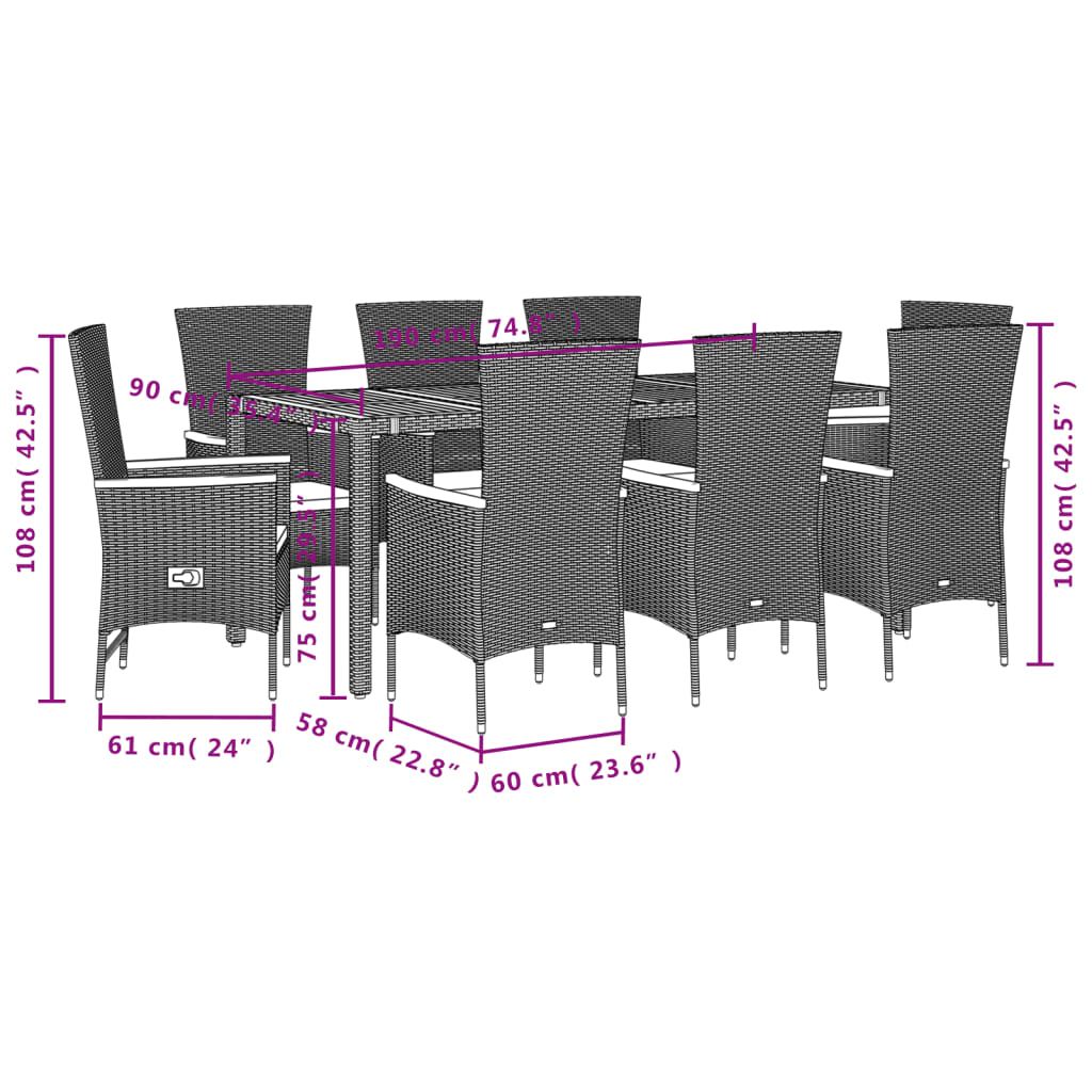 vidaXL Set mobilier de grădină cu perne, 9 piese, negru, poliratan vidaXL Set mobilier de grădină cu perne, 9 piese, negru, poliratan