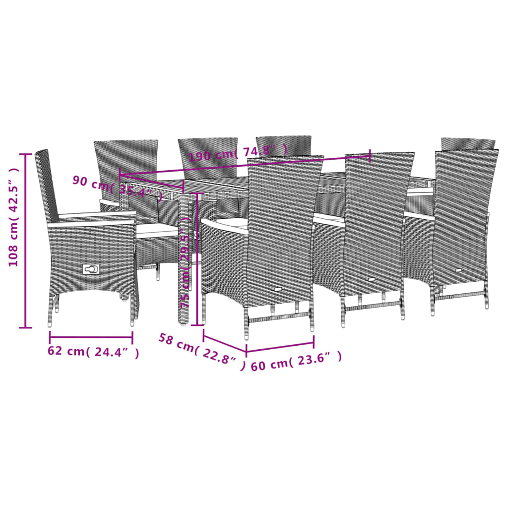 vidaXL Set mobilier de grădină cu perne, 9 piese, negru, poliratan