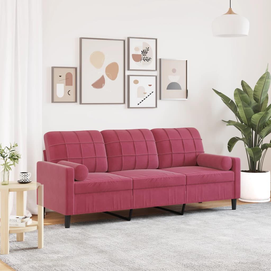 vidaXL Canapea cu 3 locuri cu pernuțe, roșu vin, 180 cm, catifea vidaXL Canapea cu 3 locuri cu pernuțe, roșu vin, 180 cm, catifea