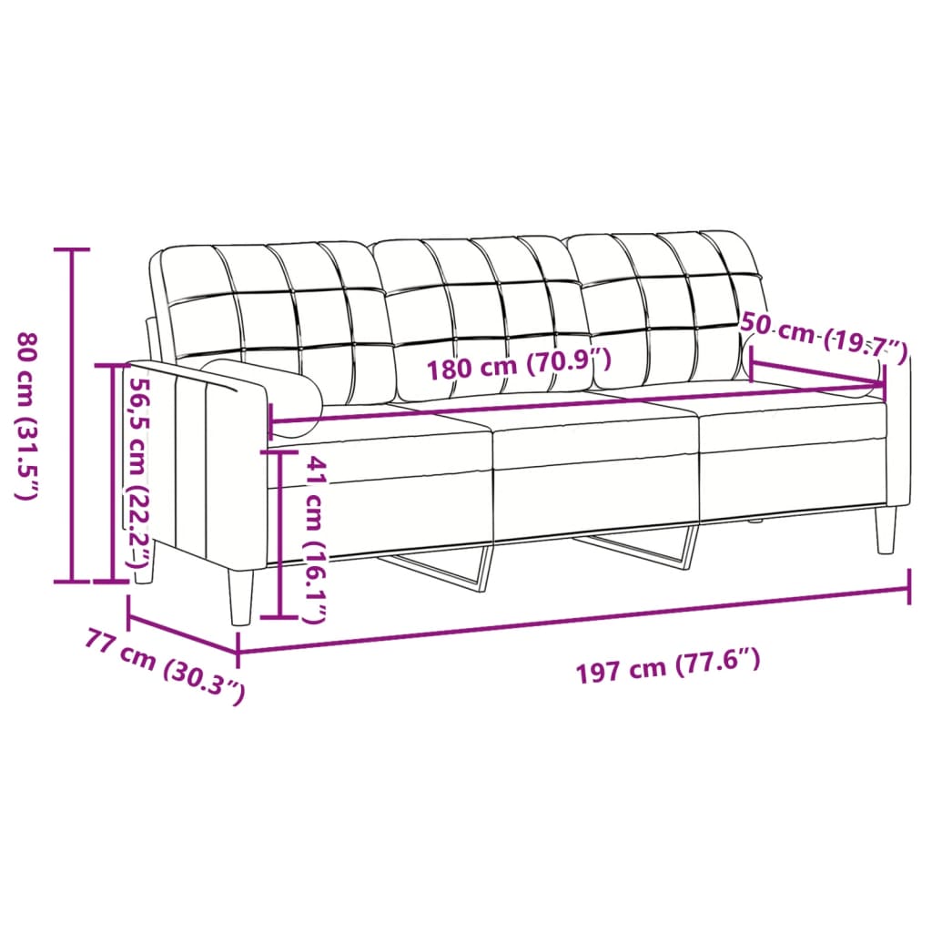 vidaXL Canapea cu 3 locuri cu pernuțe, crem, 180 cm, catifea