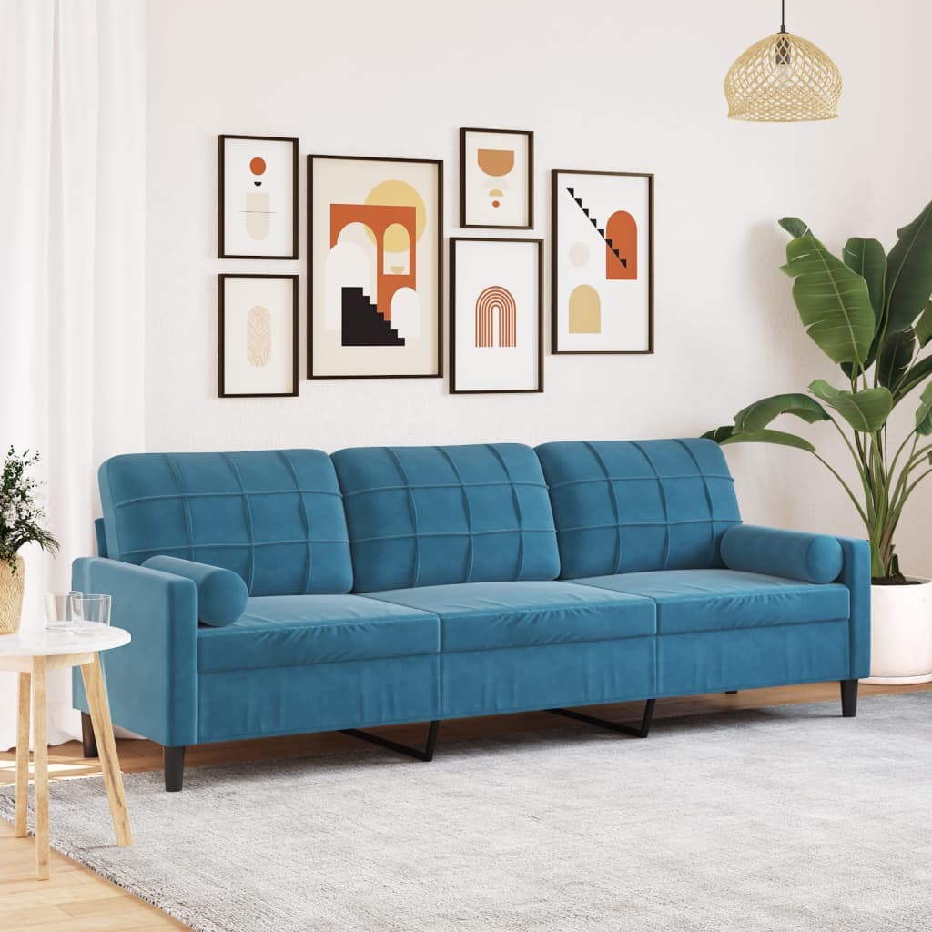 vidaXL Canapea cu 3 locuri cu pernuțe, albastru, 210 cm, catifea vidaXL Canapea cu 3 locuri cu pernuțe, albastru, 210 cm, catifea