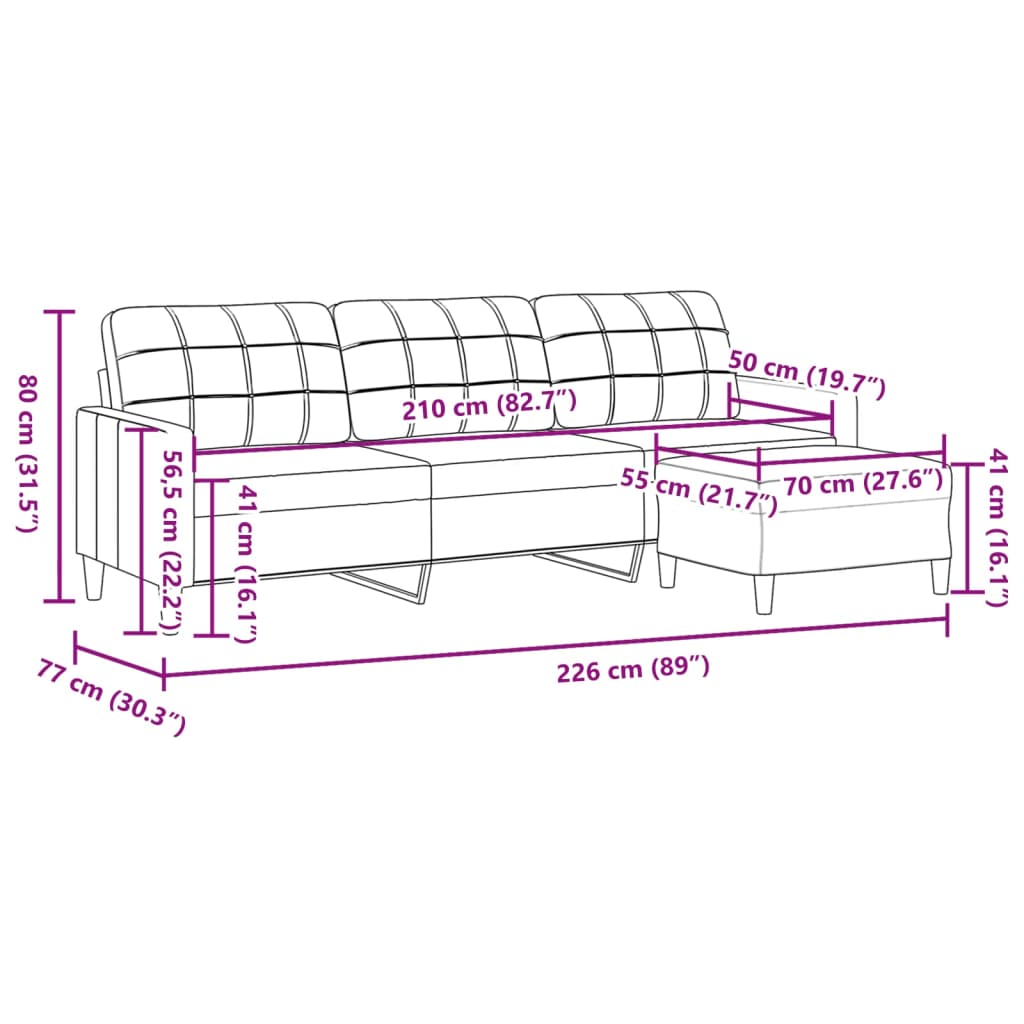 vidaXL Canapea cu 3 locuri și taburet, crem, 210 cm, textil vidaXL Canapea cu 3 locuri și taburet, crem, 210 cm, textil
