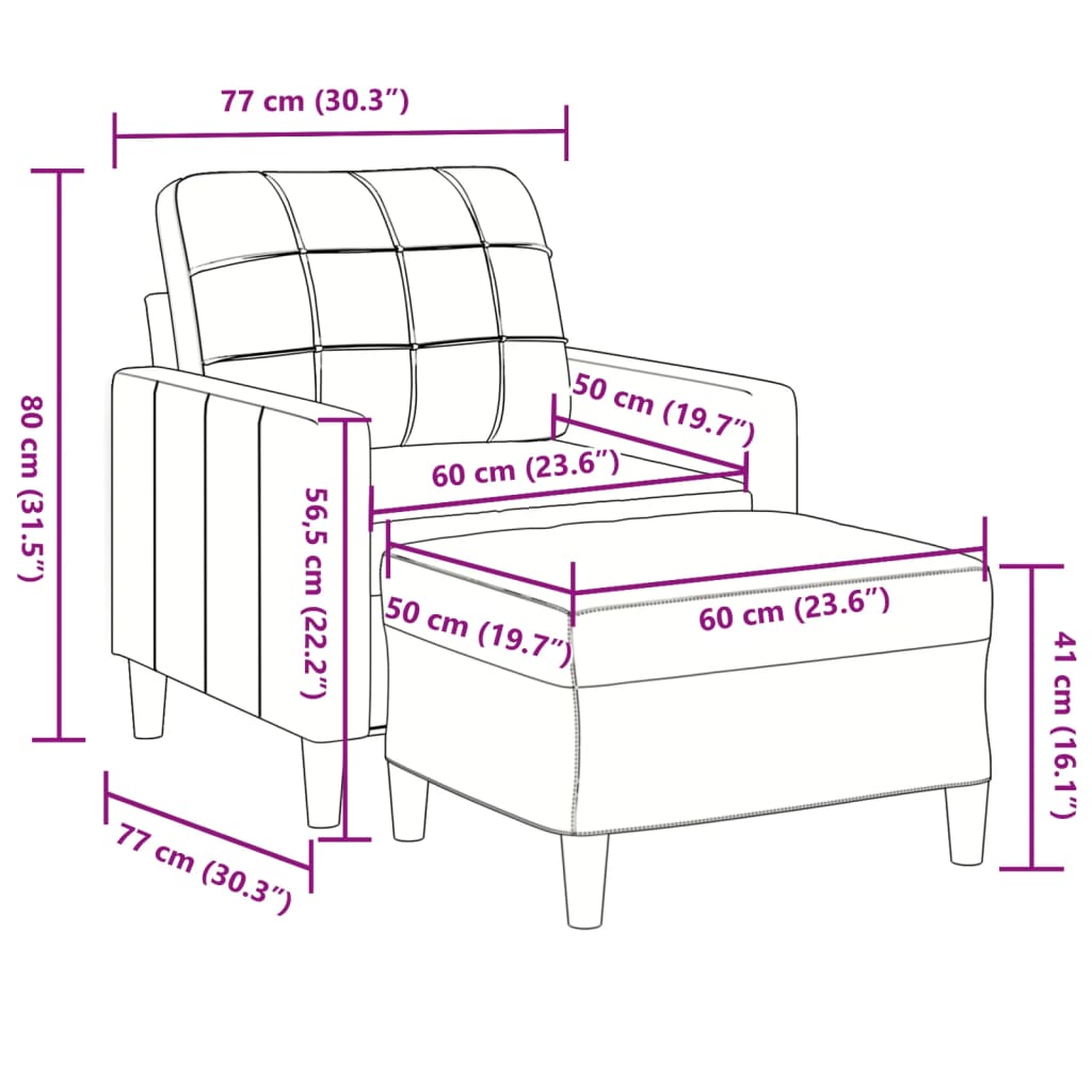 vidaXL Fotoliu canapea cu taburet, crem, 60 cm, catifea