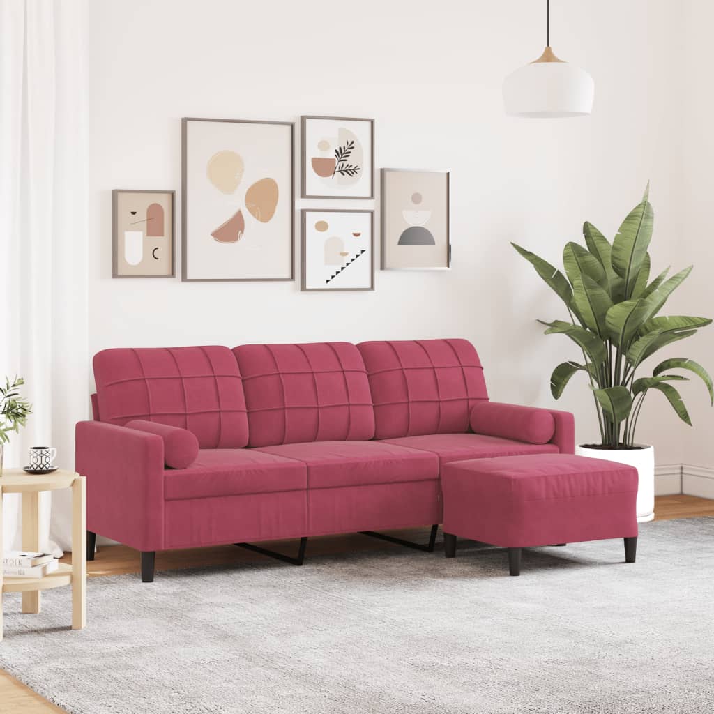 vidaXL Canapea cu 3 locuri și taburet, roșu vin, 180 cm, catifea vidaXL Canapea cu 3 locuri și taburet, roșu vin, 180 cm, catifea