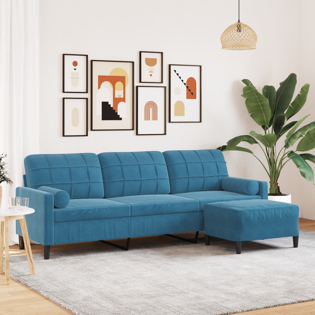 vidaXL Canapea cu 3 locuri și taburet, albastru, 210 cm, catifea vidaXL Canapea cu 3 locuri și taburet, albastru, 210 cm, catifea