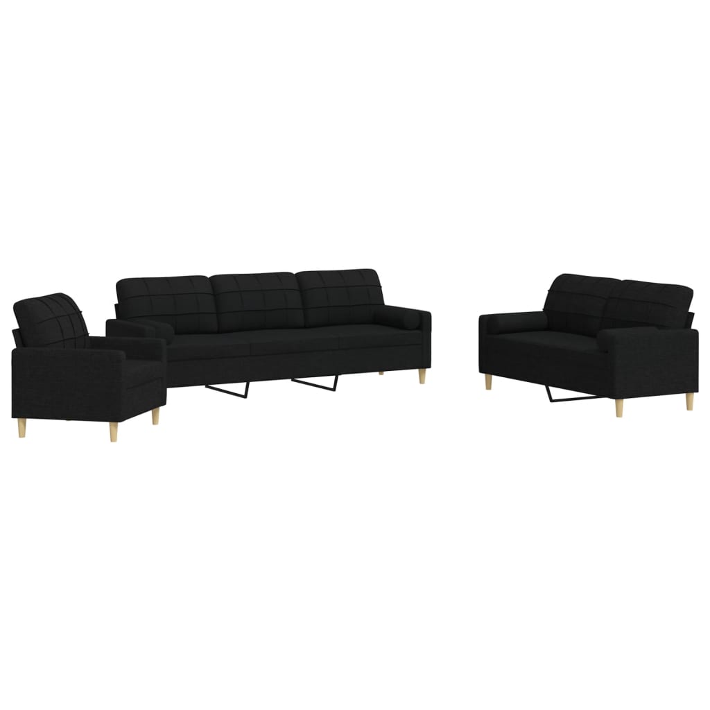 vidaXL Set de canapele cu perne decorative, 3 piese, negru, textil