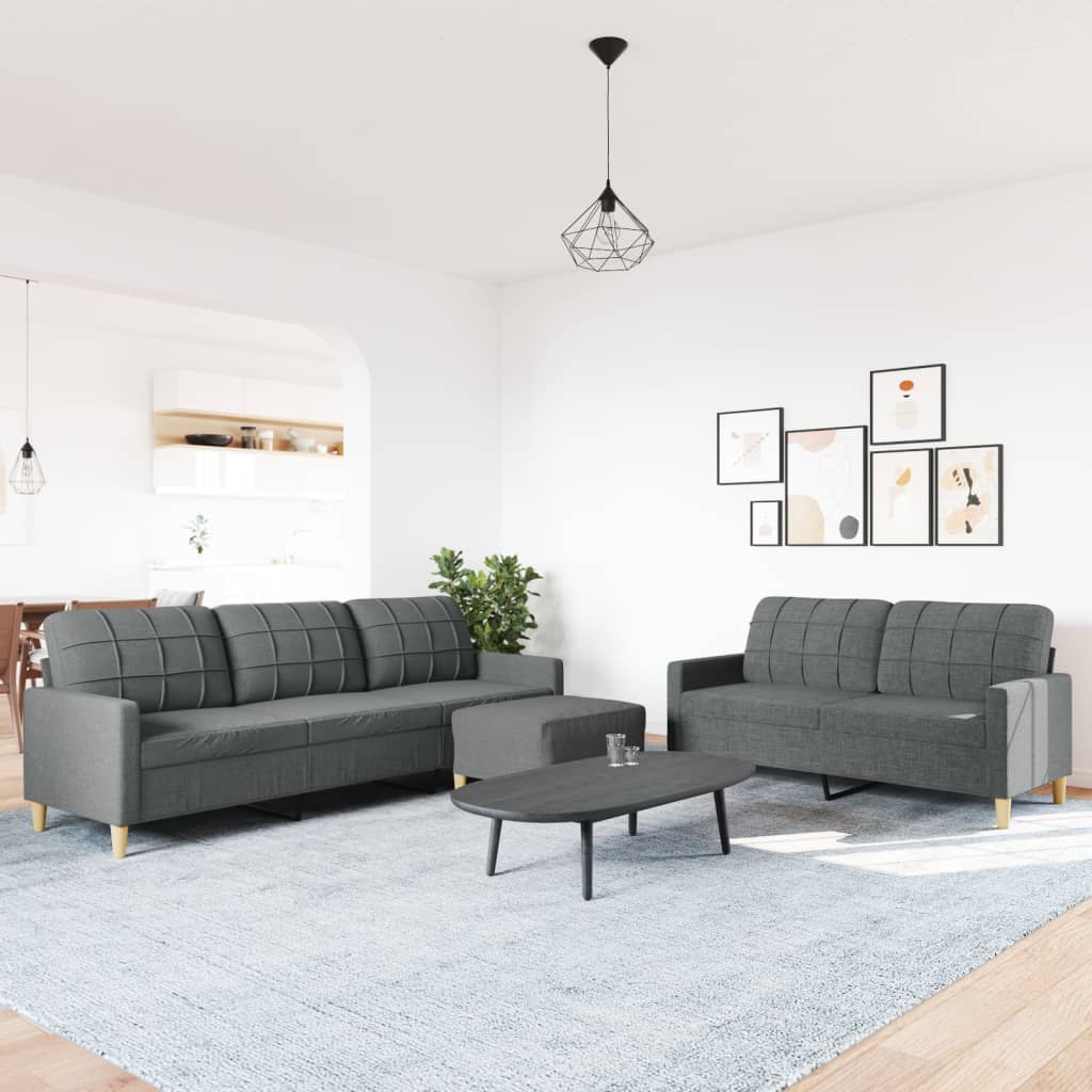 vidaXL Set de canapele cu taburet, 3 piese, gri închis, textil