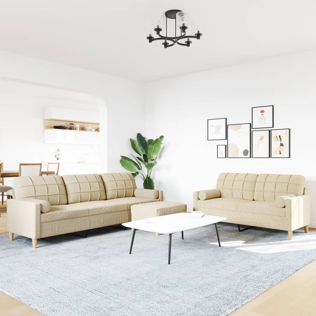 vidaXL Set canapele cu taburet și perne, 3 piese, crem, textil