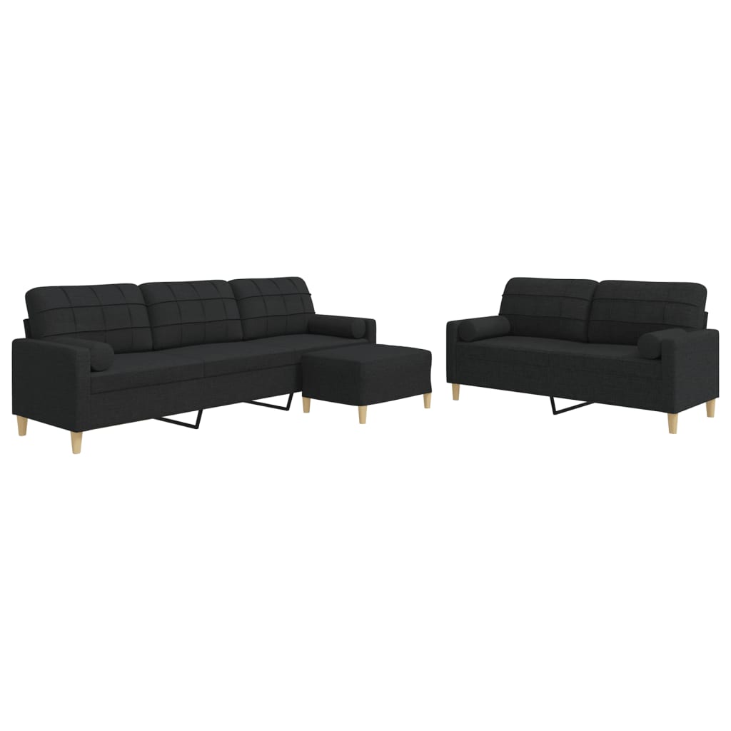 vidaXL Set canapele cu taburet și perne, 3 piese, negru, textil vidaXL Set canapele cu taburet și perne, 3 piese, negru, textil