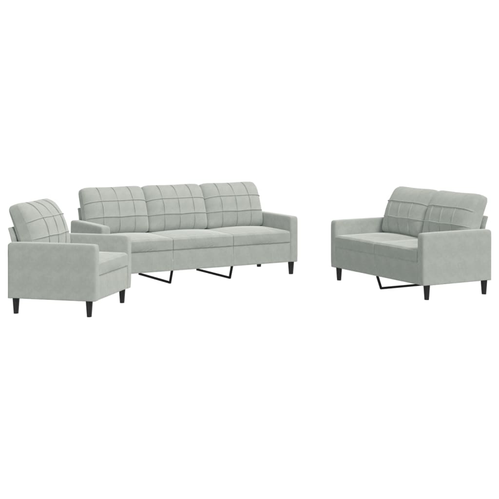vidaXL Set de canapele cu perne, 3 piese, gri deschis, catifea vidaXL Set de canapele cu perne, 3 piese, gri deschis, catifea