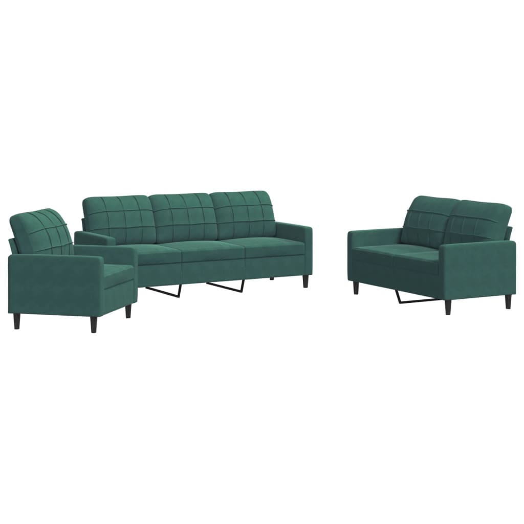 vidaXL Set de canapele cu perne, 3 piese, verde închis, catifea vidaXL Set de canapele cu perne, 3 piese, verde închis, catifea