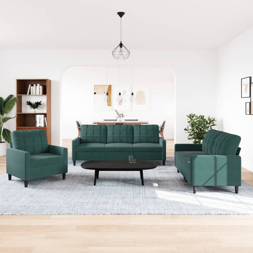 vidaXL Set de canapele cu perne, 3 piese, verde închis, catifea vidaXL Set de canapele cu perne, 3 piese, verde închis, catifea
