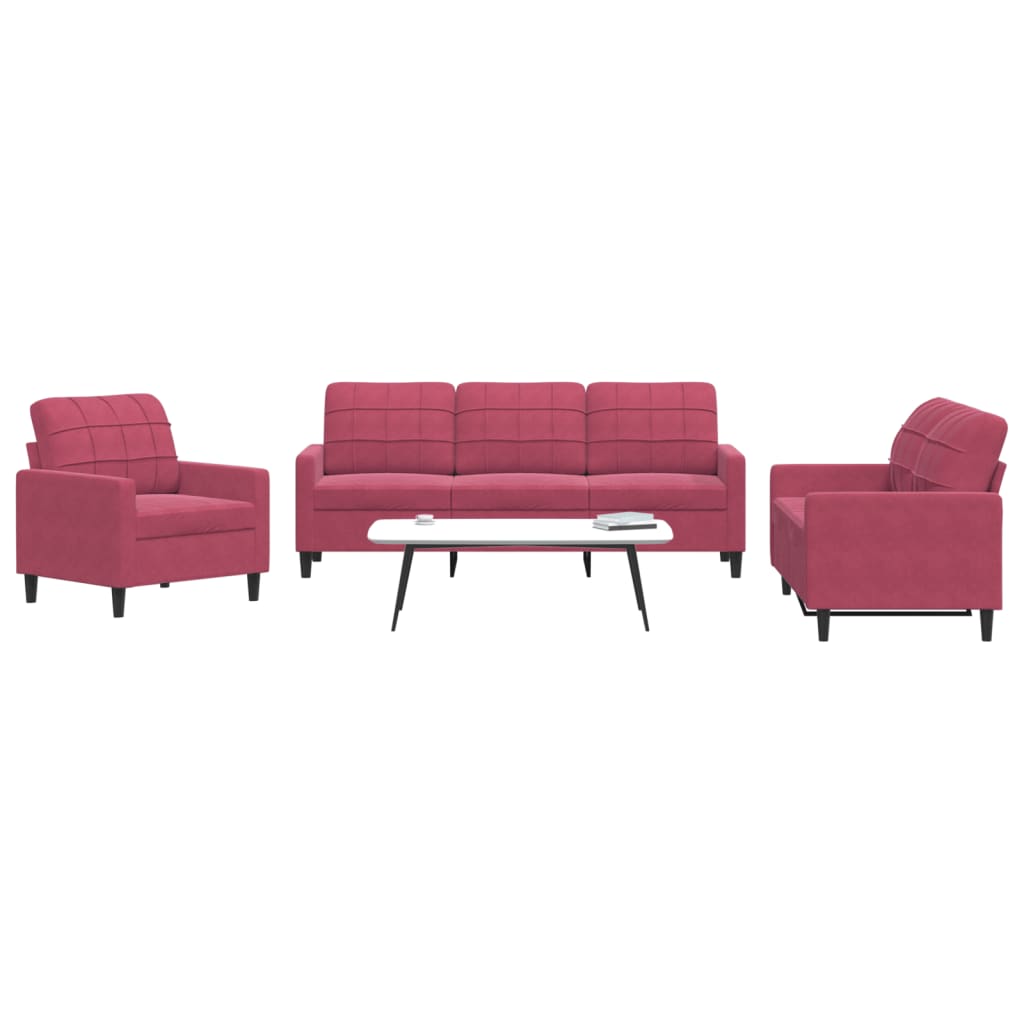 vidaXL Set canapea cu perne, 3 piese, roșu vin, catifea vidaXL Set canapea cu perne, 3 piese, roșu vin, catifea