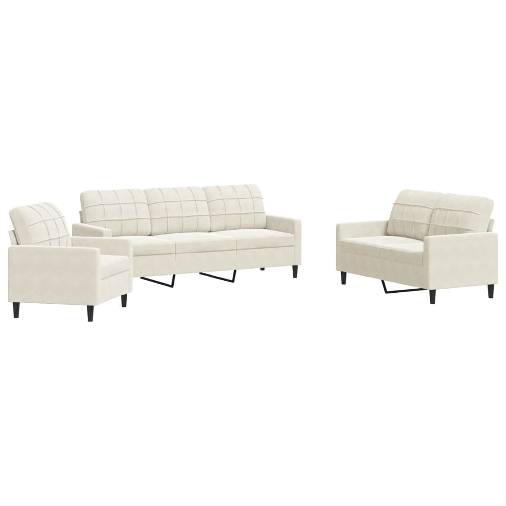 vidaXL Set de canapele cu perne, 3 piese, crem, catifea vidaXL Set de canapele cu perne, 3 piese, crem, catifea