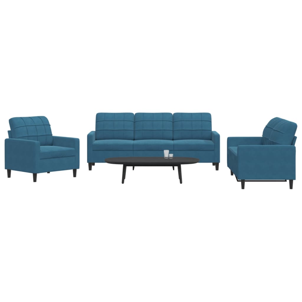 vidaXL Set de canapele cu perne, 3 piese, albastru, catifea vidaXL Set de canapele cu perne, 3 piese, albastru, catifea