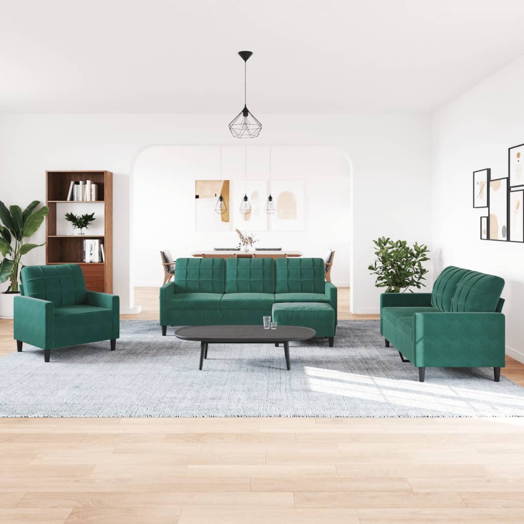 vidaXL Set de canapele cu perne, 4 piese, verde închis, catifea