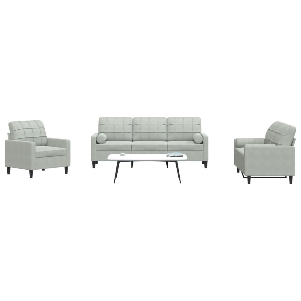 vidaXL Set de canapele cu perne, 3 piese, gri deschis, catifea vidaXL Set de canapele cu perne, 3 piese, gri deschis, catifea