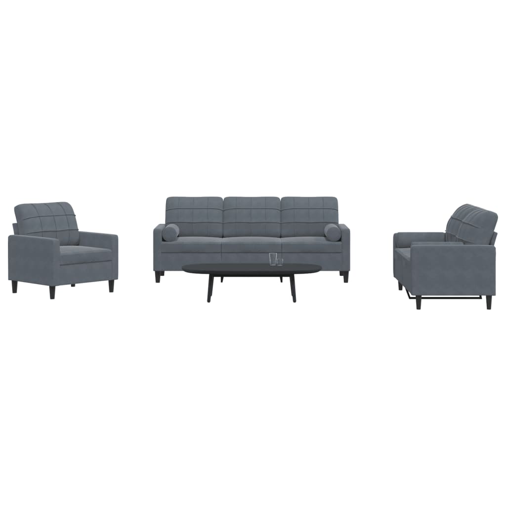 vidaXL Set de canapele cu perne/rulouri, 3 piese, gri închis, catifea vidaXL Set de canapele cu perne/rulouri, 3 piese, gri închis, catifea