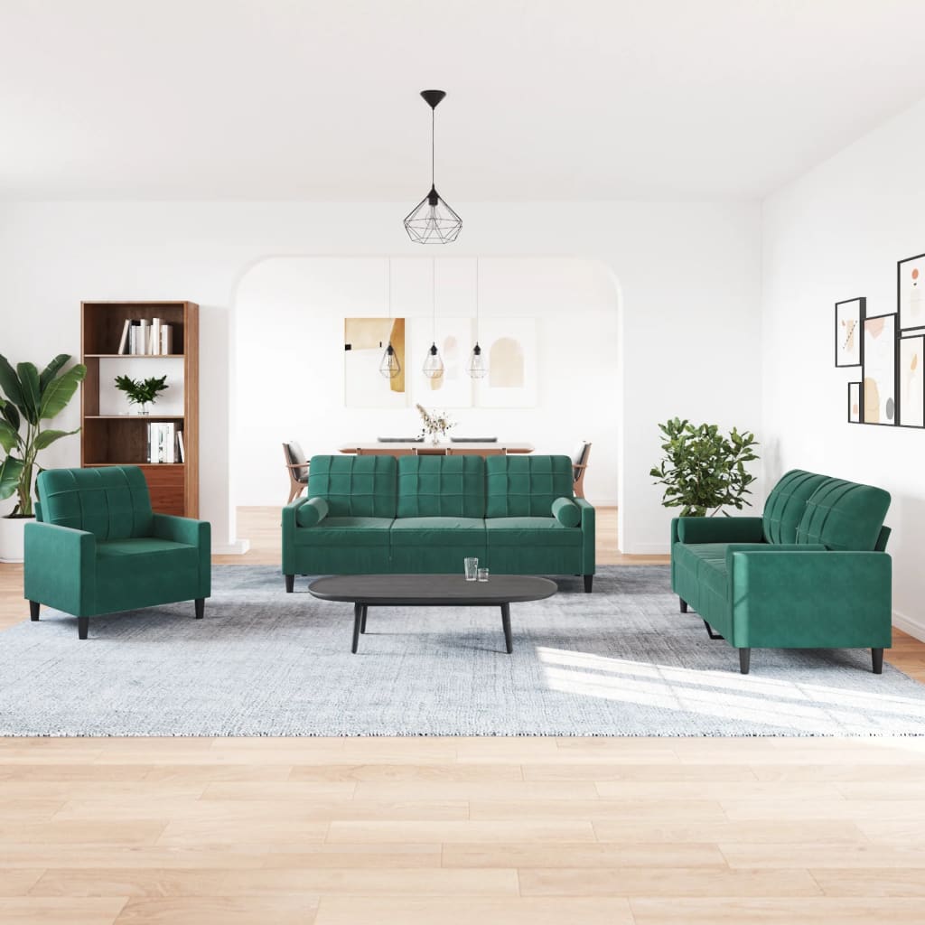 vidaXL Set canapele cu perne/rulouri, 3 piese, verde închis, catifea vidaXL Set canapele cu perne/rulouri, 3 piese, verde închis, catifea