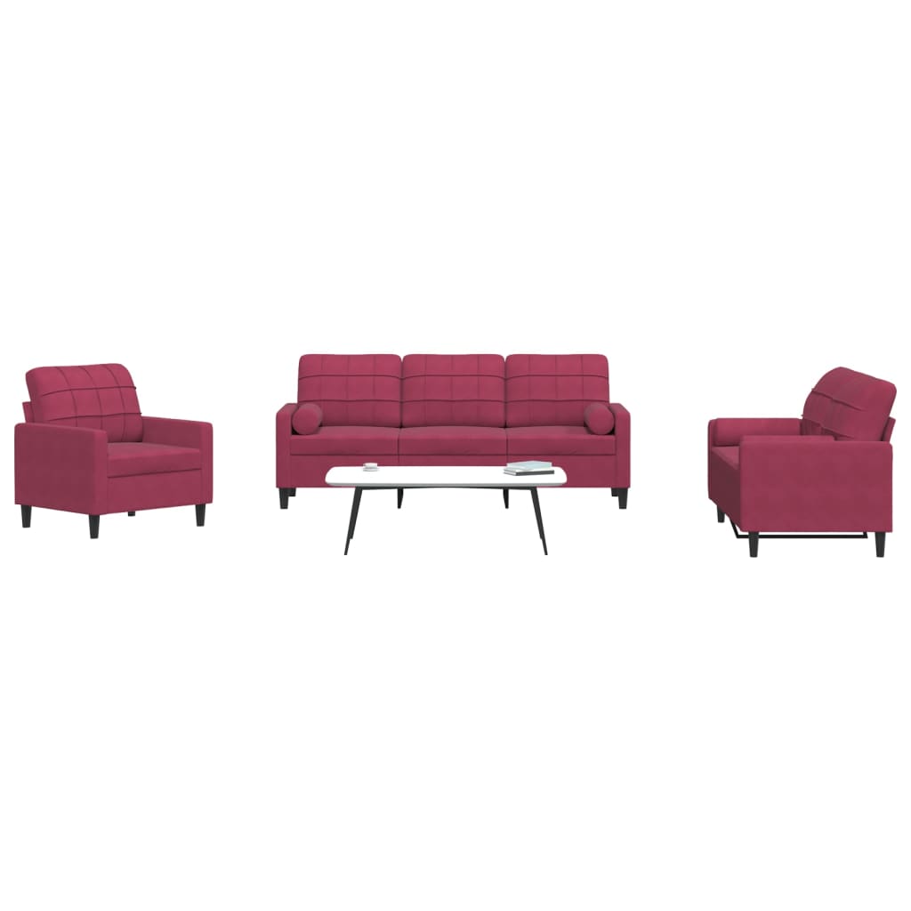 vidaXL Set canapea cu perne/rulouri, 3 piese, roșu vin, catifea vidaXL Set canapea cu perne/rulouri, 3 piese, roșu vin, catifea