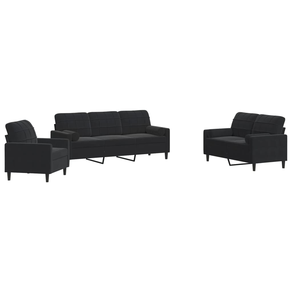 vidaXL Set de canapele cu perne/rulouri, 3 piese, negru, catifea